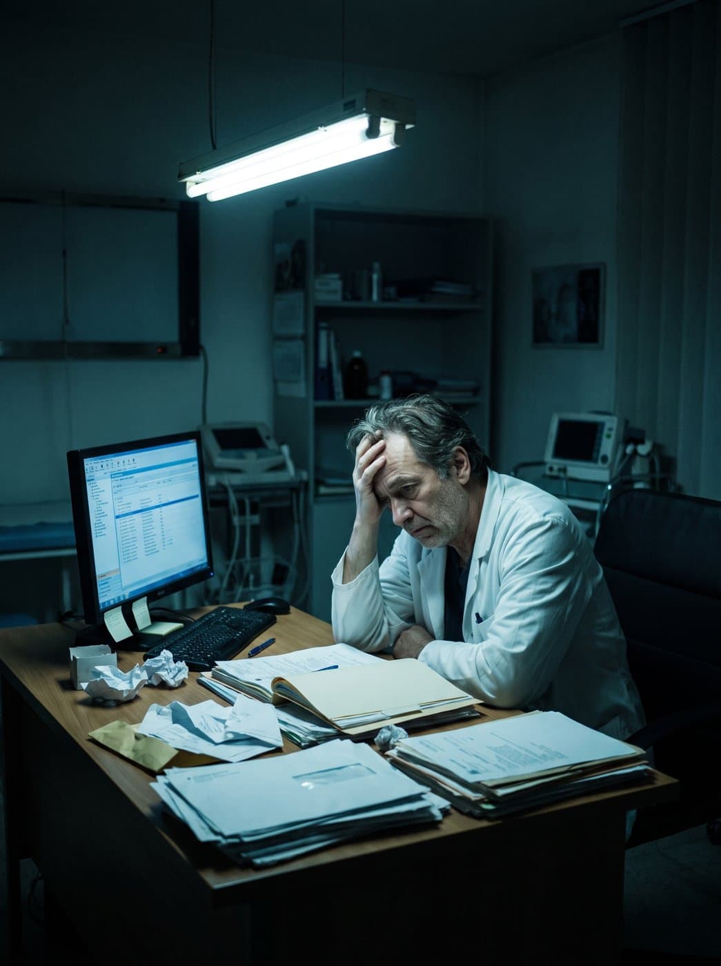 A physician alone late at night, buried in insurance paperwork